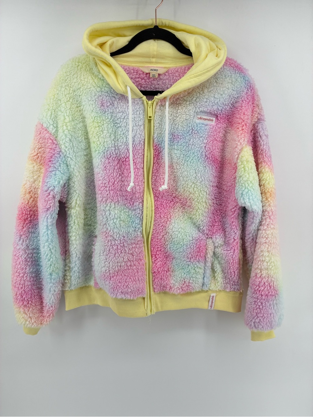 Aeropostale Pastel Rainbow Sherpa Zip Hoodie with Yellow Trim